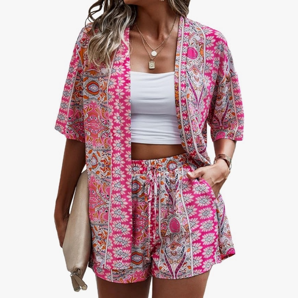 Boho kimono and shorts 2 piece set